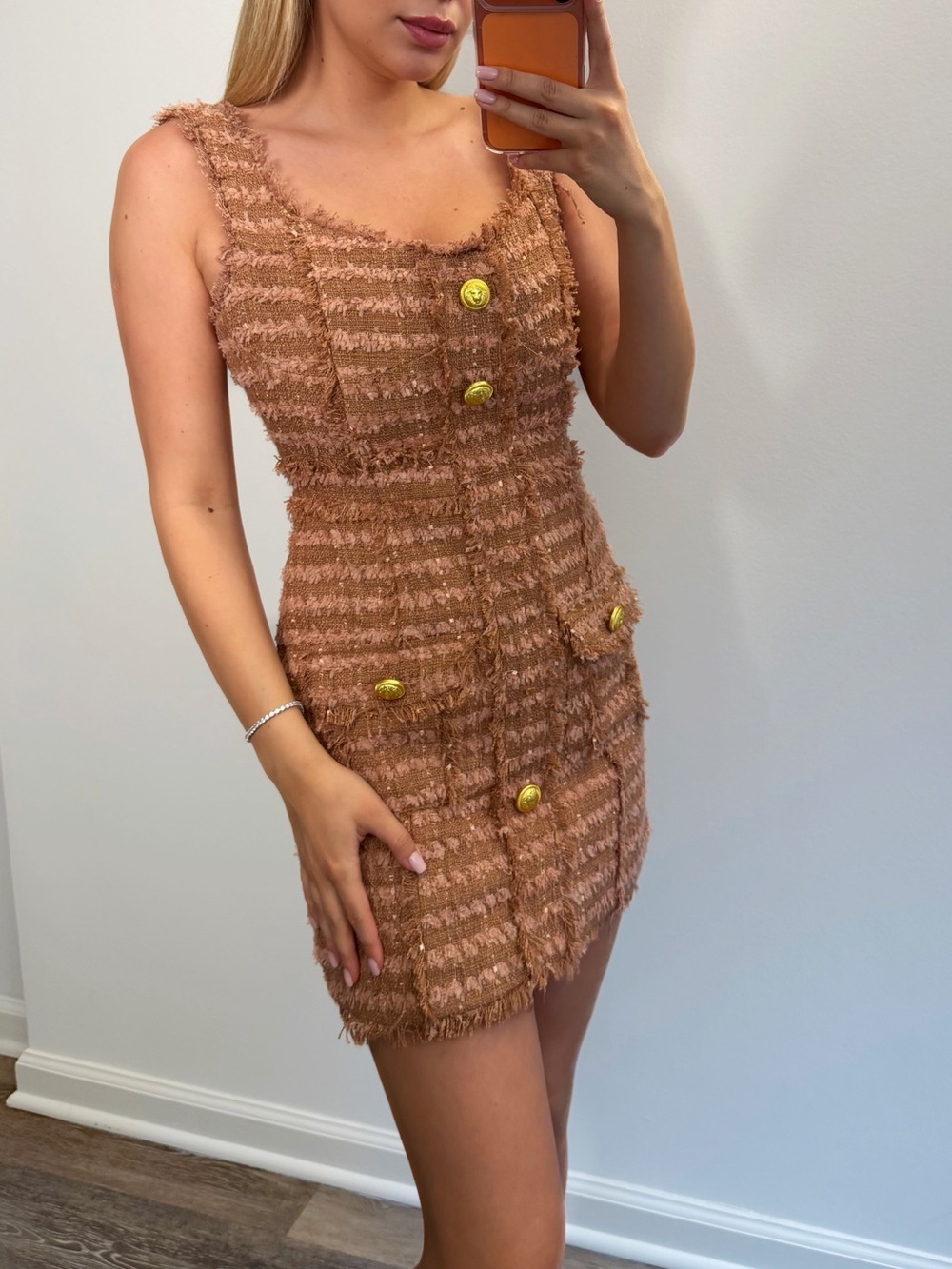 Textured Sleeveless Mini Dress in Light Brown